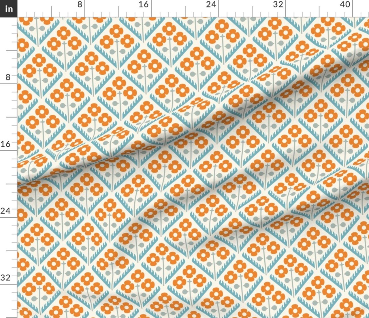 Retro Flowers Orange Blue 70S Mid Century Abstract Floral Custom Printed Fabric by Spoonflower Various Fabrics by the Yard or Fat Quarter